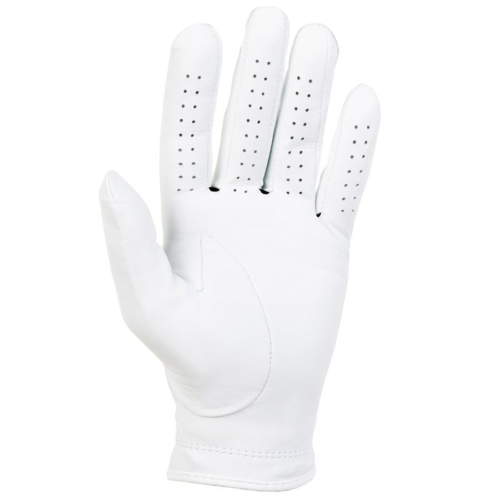Do not publish yet — see Flags. Draft if cleared: Palm side of a Pearl Titleist Perma-Soft glove showing perforated fingers and the palm patch