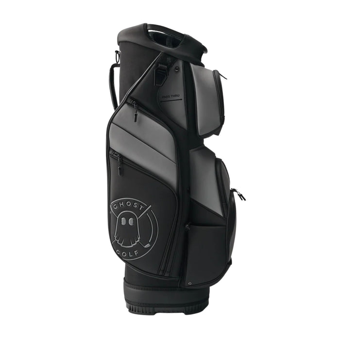 Side view of the Ghost Golf GT-14 cart bag in Kovert OPS grey/black, showing the large side pocket and logo