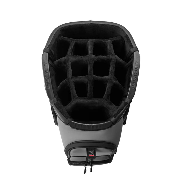 Top-down view of the 14-way velvet-wrapped divider top on the Ghost Golf GT-14 cart bag in Kovert OPS grey/black