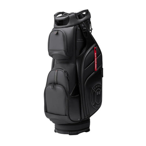 Ghost Golf GT-14 Cart Bag in Ronin black, front three-quarter view with carbon fiber trim and red zipper tab