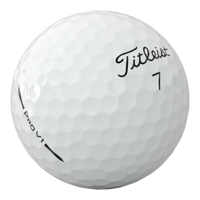 White Titleist Pro V1 golf ball with the Titleist script logo and black high play number 7
