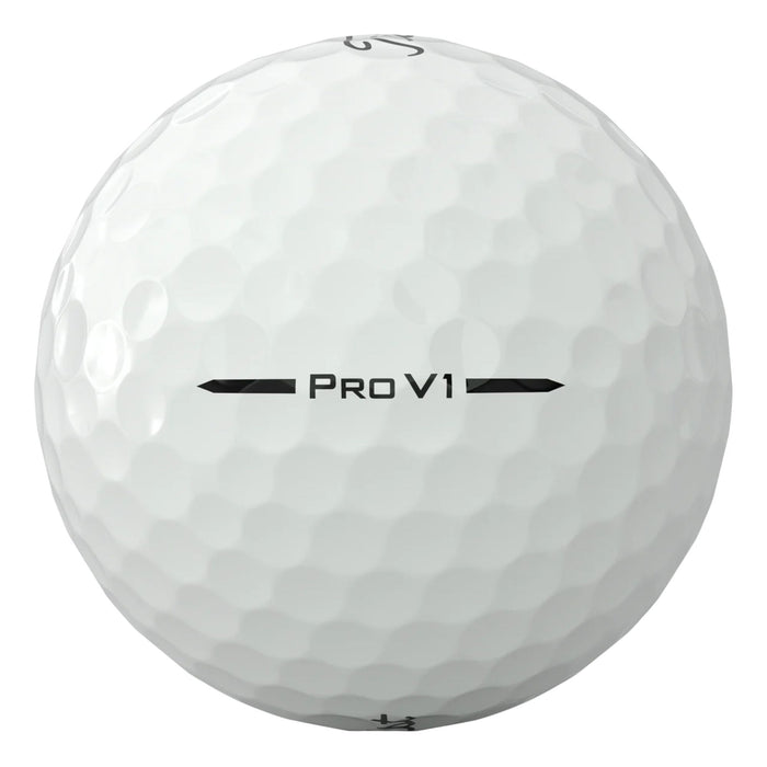 Side view of a white Titleist Pro V1 golf ball showing the Pro V1 sidestamp between black arrows