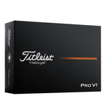 Black Titleist Pro V1 one-dozen box with white Titleist script and an orange stripe