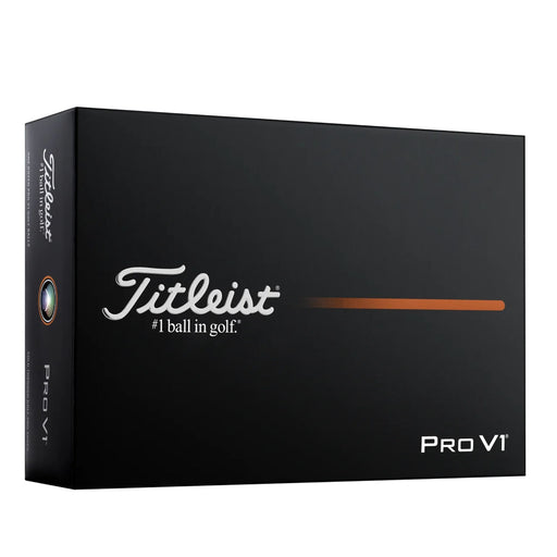 Black Titleist Pro V1 one-dozen box with white Titleist script and an orange stripe
