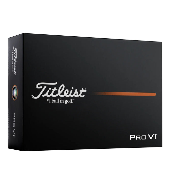 Black Titleist Pro V1 one-dozen box with white Titleist script and an orange stripe