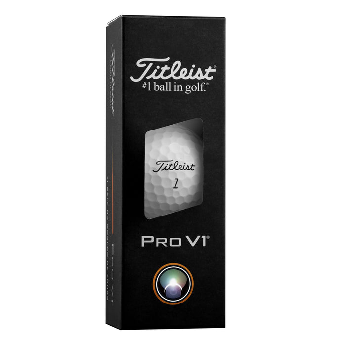 Black three-ball sleeve of Titleist Pro V1 golf balls with a window showing a ball numbered 1