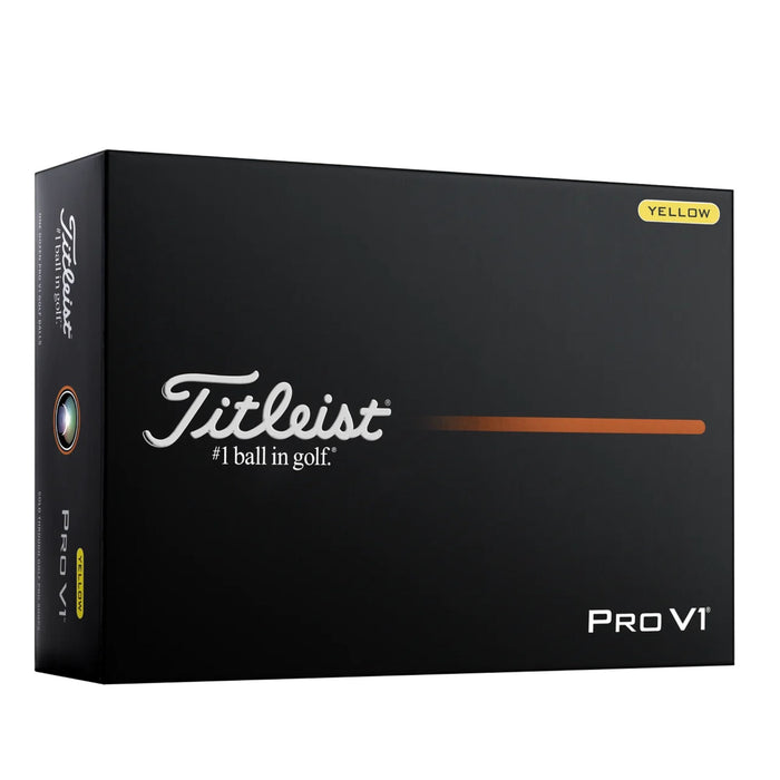 Titleist Pro VI golf balls in a yellow color, shown in its black retail packaging box against a white background.