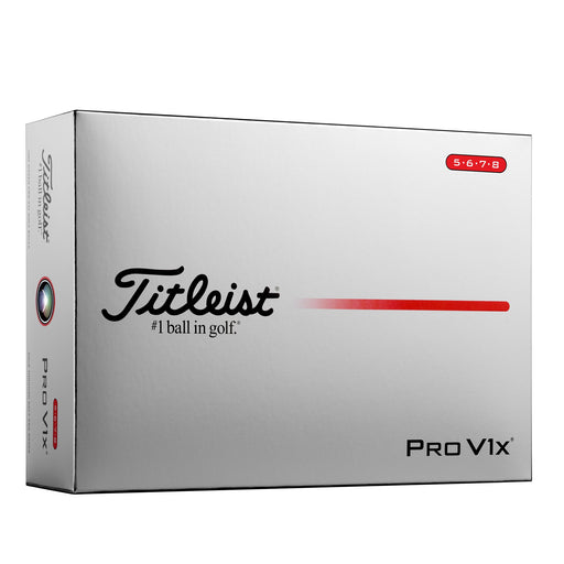 Silver Titleist Pro V1x one-dozen box with a 5-6-7-8 high numbers badge