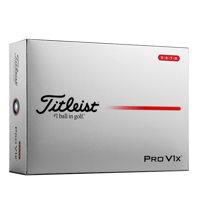 Silver Titleist Pro V1x one-dozen box with a 5-6-7-8 high numbers badge