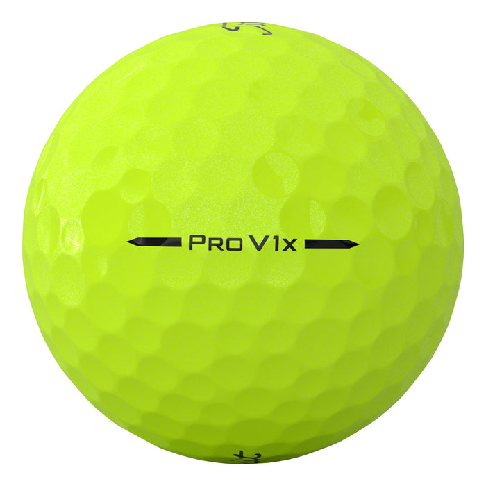 Side view of a High Optic Yellow Titleist Pro V1x golf ball showing the Pro V1x sidestamp