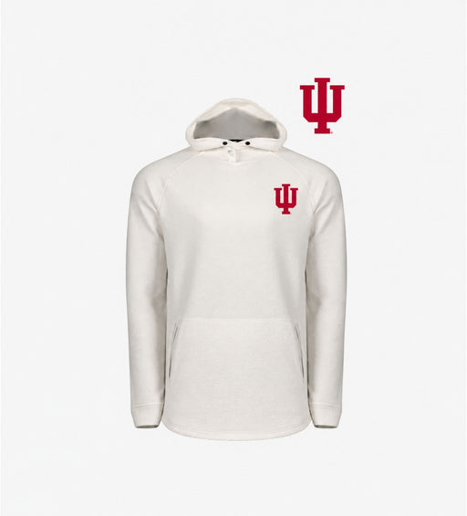 Front view of the Swannies Indiana Camden Golf Hoodie in Vintage-White with a red IU logo on the left chest