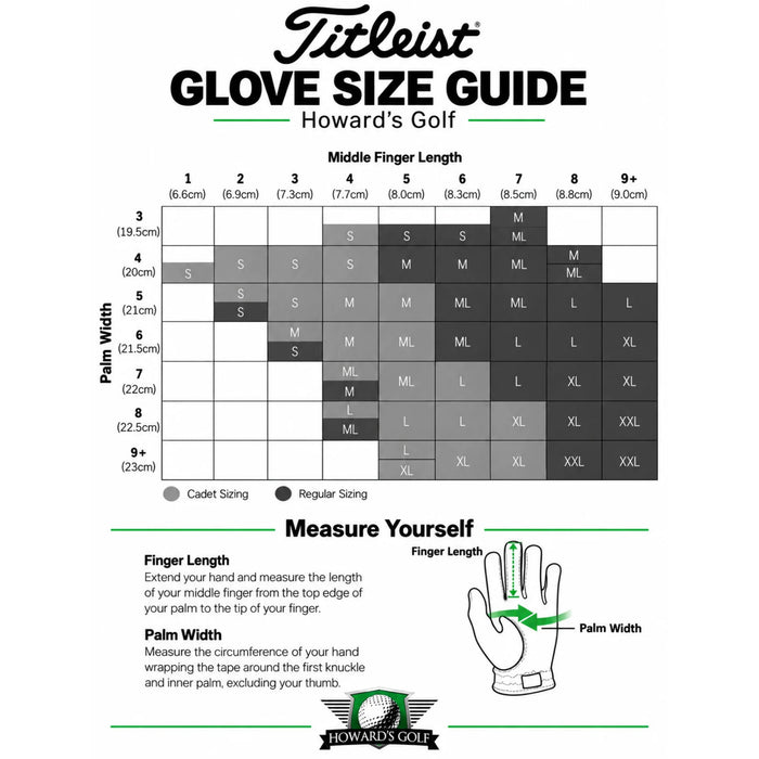 Titleist glove size chart: Cadet and Regular sizes by middle-finger length and palm width, with how-to-measure steps