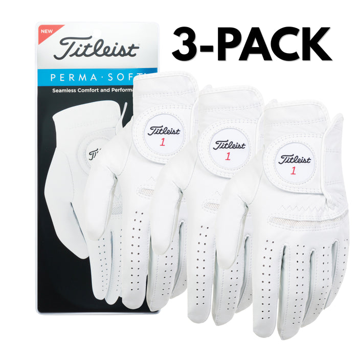 3-Pack Pearl Titleist Perma-Soft gloves, back view, in front of a retail package