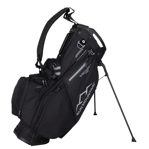 Sun Mountain C-130 Hybrid Stand Bag in black, front three-quarter view with stand legs extended and carry strap up