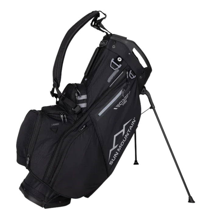 Sun Mountain C-130 Hybrid Stand Bag in black, front three-quarter view with stand legs extended and carry strap up