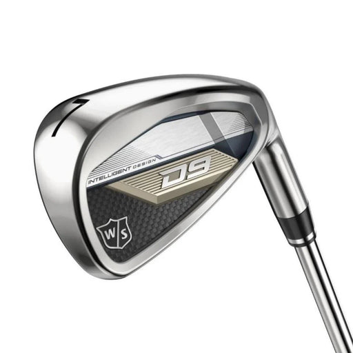 Wilson Staff D9 Iron Set 7-iron, back view of the chrome head with tan D9 badge, carbon-pattern panel and steel shaft
