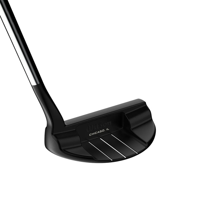 Rear view of the Wilson Infinite Grant Park mallet in black with Wilson script, CHICAGO, IL and three alignment lines