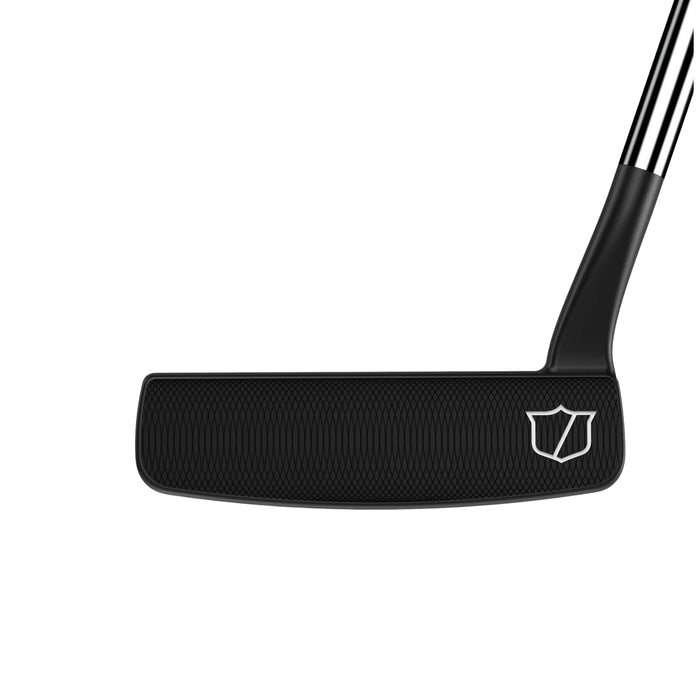 Face-on view of the Wilson Infinite Grant Park putter showing the black milled face pattern and white shield logo