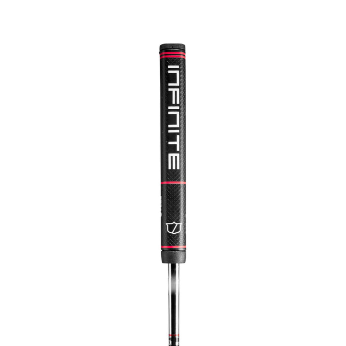 Black Wilson INFINITE midsize putter grip with red stripes and white shield logo on a steel shaft