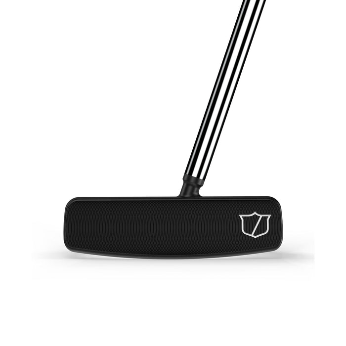 Face-on view of the Wilson Infinite South Side putter showing the black milled face, white shield logo and short hosel