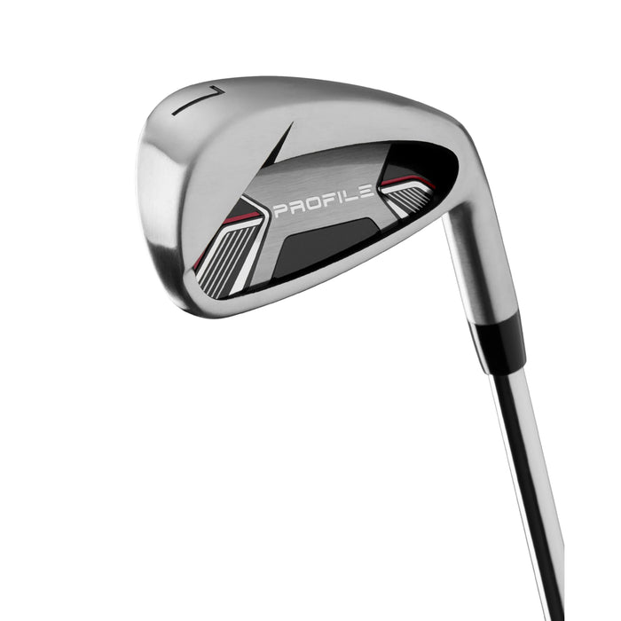 Wilson Profile 7-iron, back view of the cavity with PROFILE badge and steel shaft