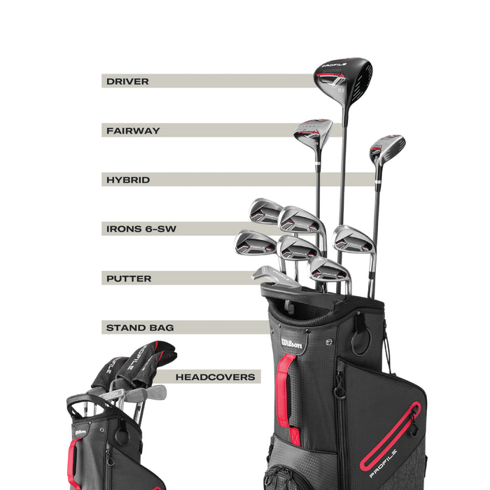 Wilson Profile set contents chart labeling driver, fairway, hybrid, irons 6-SW, putter, stand bag and headcovers