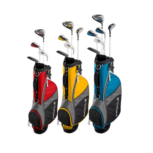 Three Wilson Golf Profile Junior sets shown upright on a white background, each with several golf clubs inserted. The bags are color-blocked in red and gray, yellow and gray, and blue and gray, with the brand name PROFILE visible vertically on each bag.