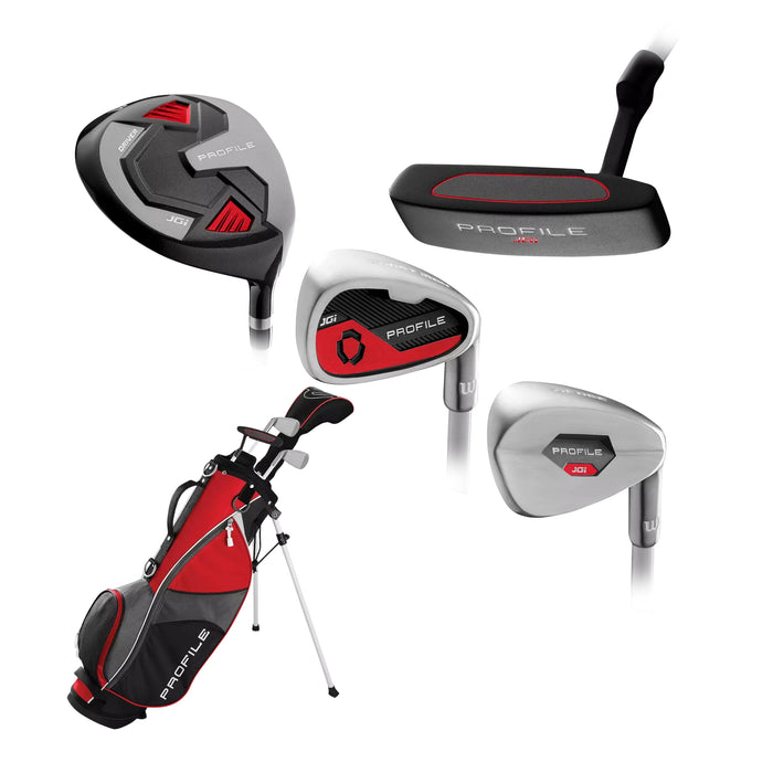 Small Wilson Profile JGI junior clubs in red: driver, short iron, wedge and putter with the stand bag