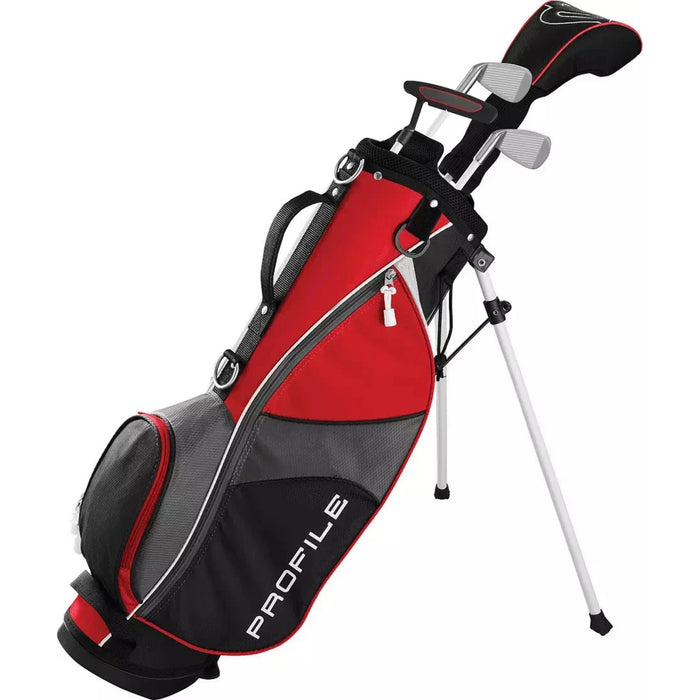 Small Wilson Profile JGI junior set in red, black and gray stand bag with clubs and driver headcover