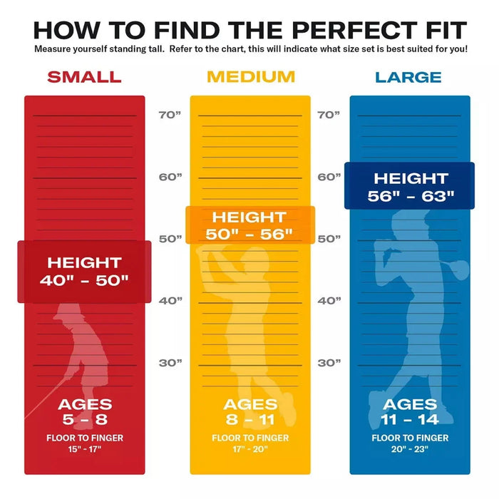 Wilson Profile JGI fit chart: Small 40-50 in. ages 5-8, Medium 50-56 in. ages 8-11, Large 56-63 in. ages 11-14