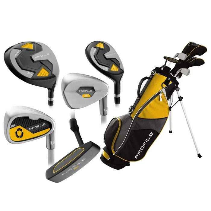 Medium Wilson Profile JGI junior clubs in yellow: driver, hybrid, short iron, wedge and putter beside the stand bag