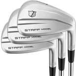 Three Wilson Staff Model XB irons stacked, back view showing brushed satin heads and STAFF MODEL lettering